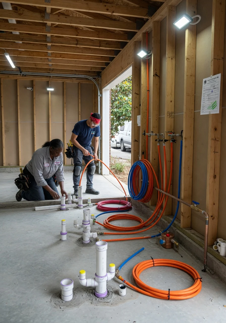 Plumbing rough-in for a Nashville garage conversion bathroom and kitchenette before concrete patching