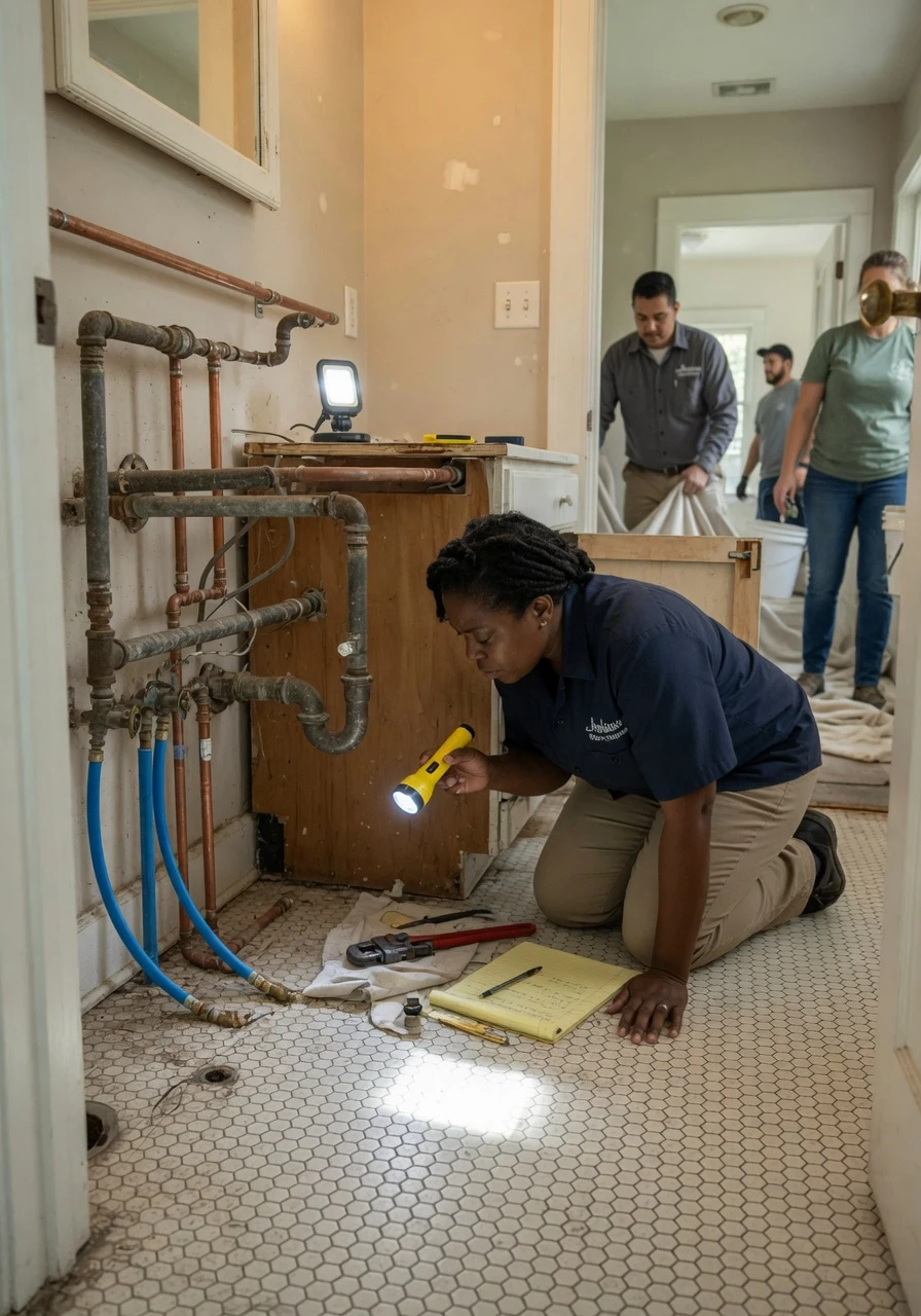 Nashville BRRRR investor reviewing plumbing inspection notes and sewer camera footage at a rental rehab