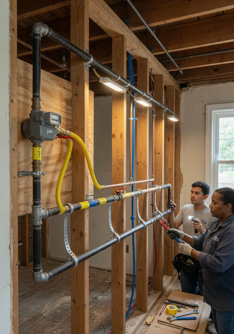 Licensed plumber pressure testing new gas line for a Nashville flip kitchen range and outdoor grill