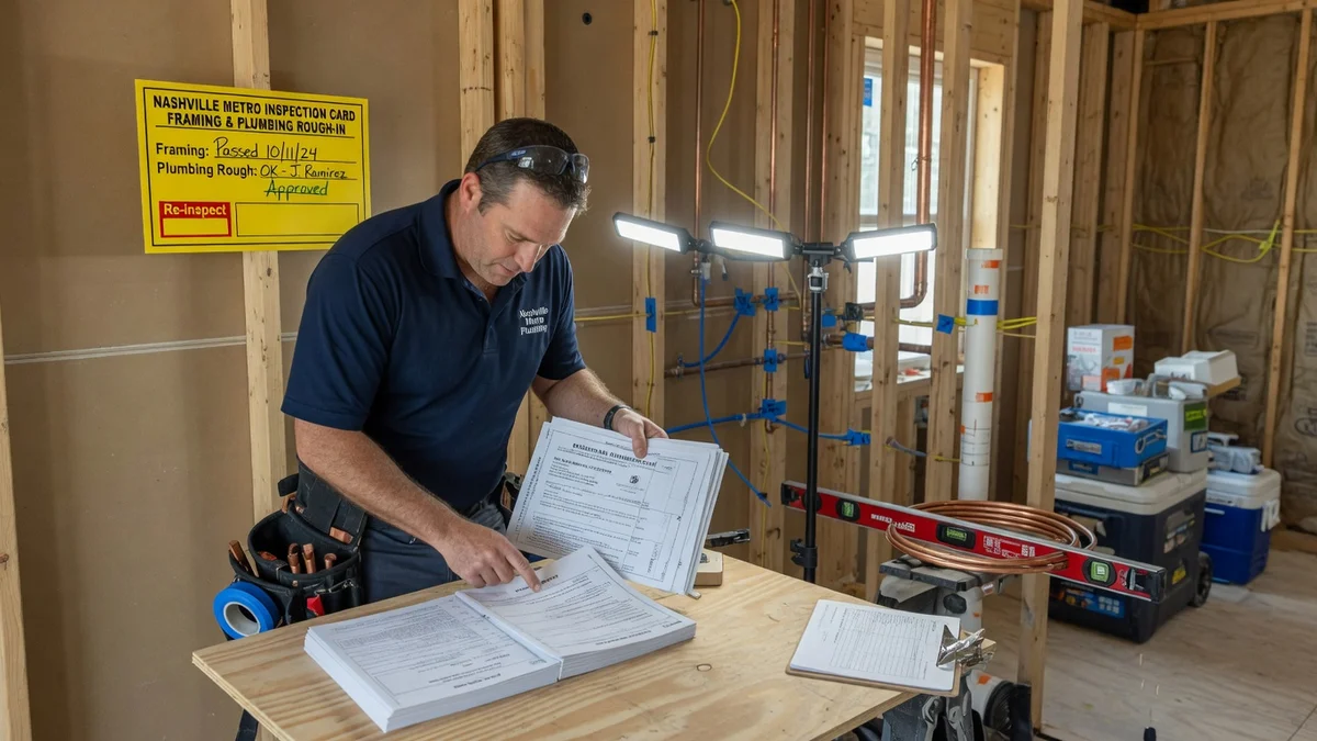 Plumber reviewing Nashville Metro building permit paperwork at a house flip job site with inspection card on wall