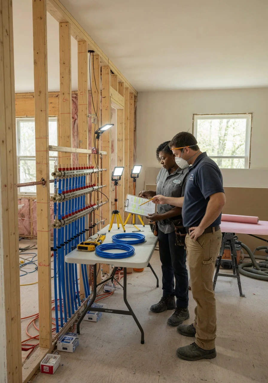 Nashville spring renovation plumbing rough-in schedule on a jobsite with exposed framing