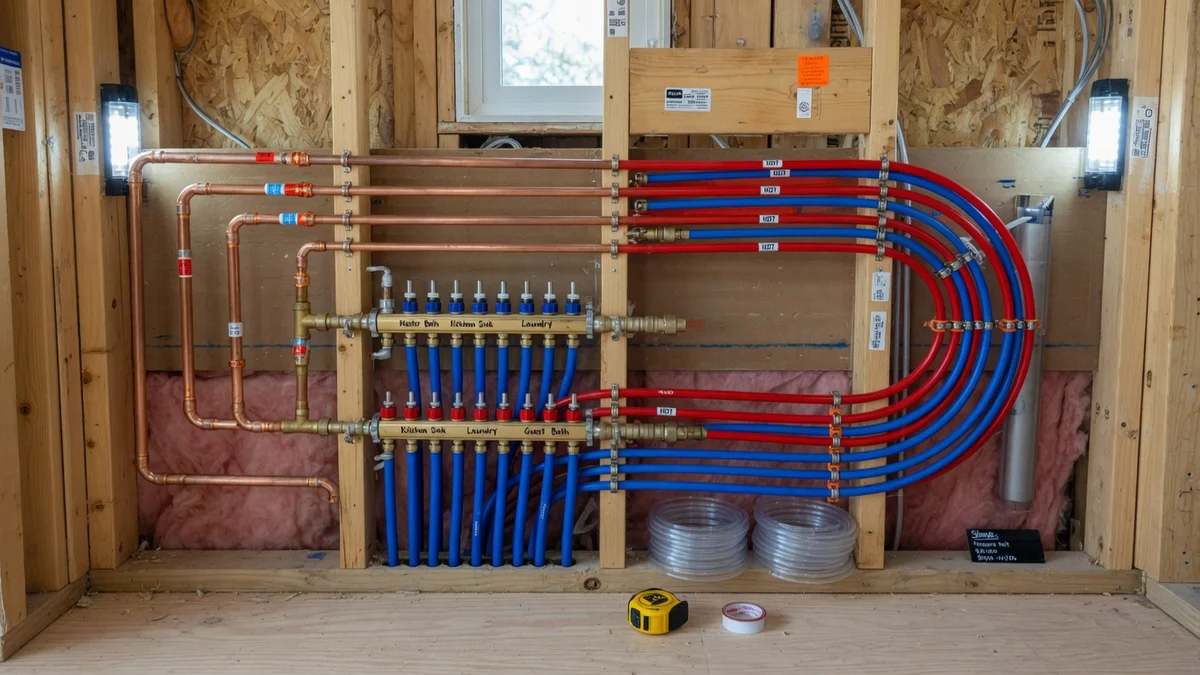 Side-by-side PEX-A and copper pipe installation in Nashville house flip wall cavity, clean organized manifold system