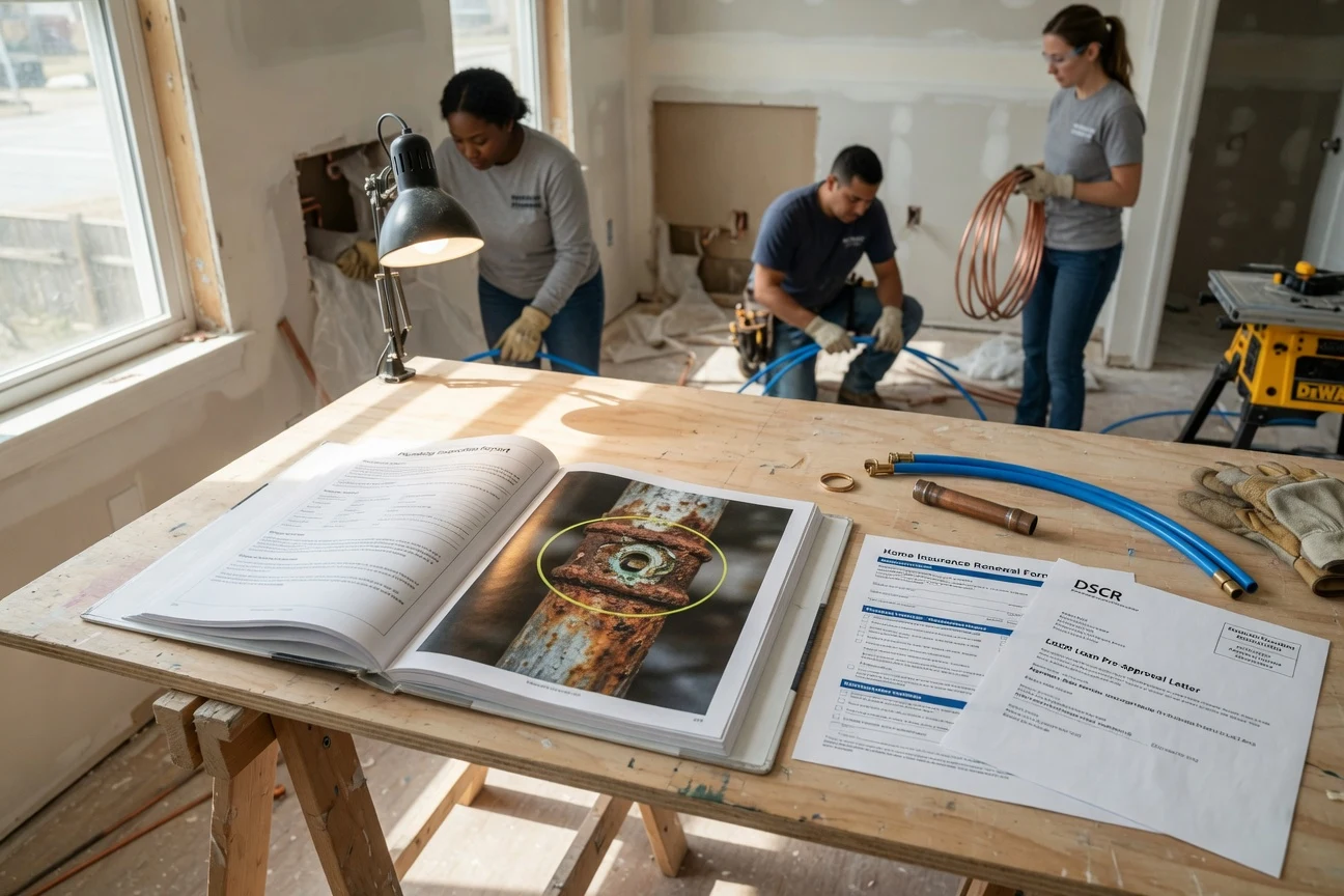 Nashville investor reviewing plumbing repair invoices with loan and insurance documents