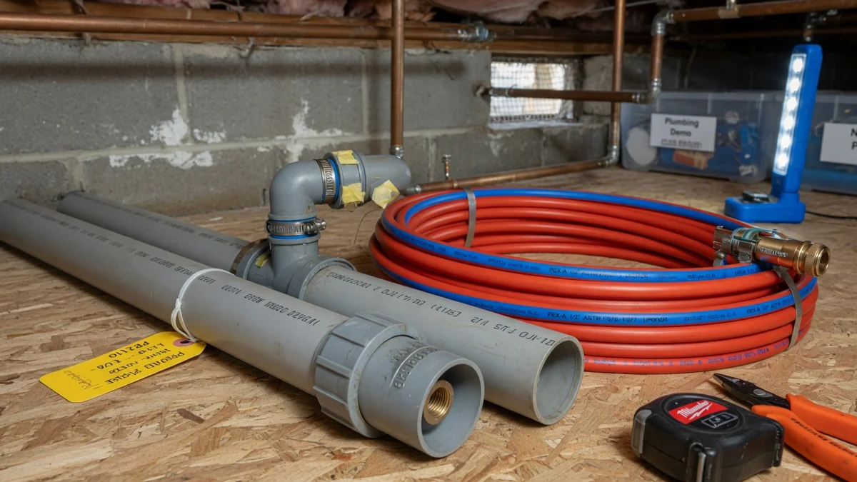 Gray polybutylene pipe with gray fittings found during Nashville house flip inspection, compared to modern PEX-A tubing