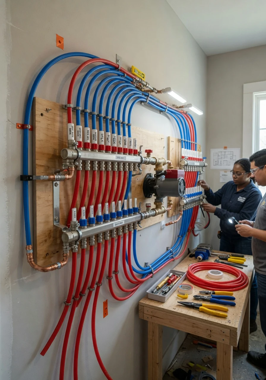 Labeled PEX manifold and hot water recirculation pump in a Nashville investment property mechanical room