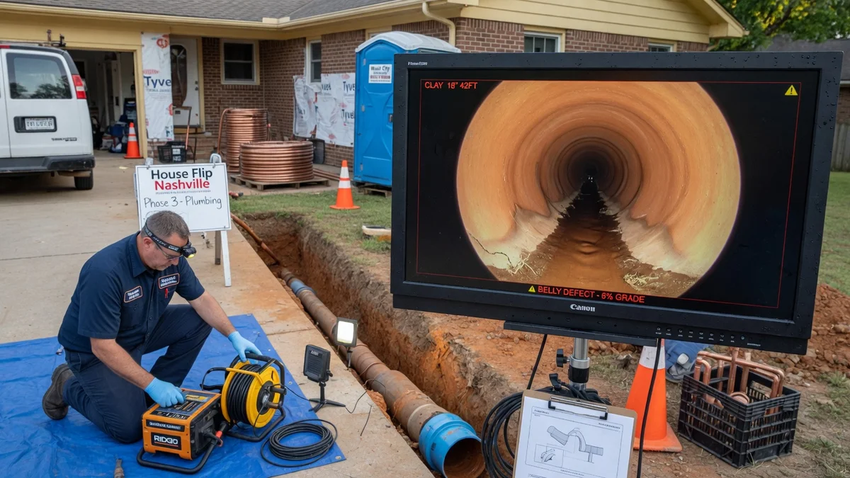 Plumber operating sewer camera equipment at Nashville house flip showing pipe belly defect on inspection monitor