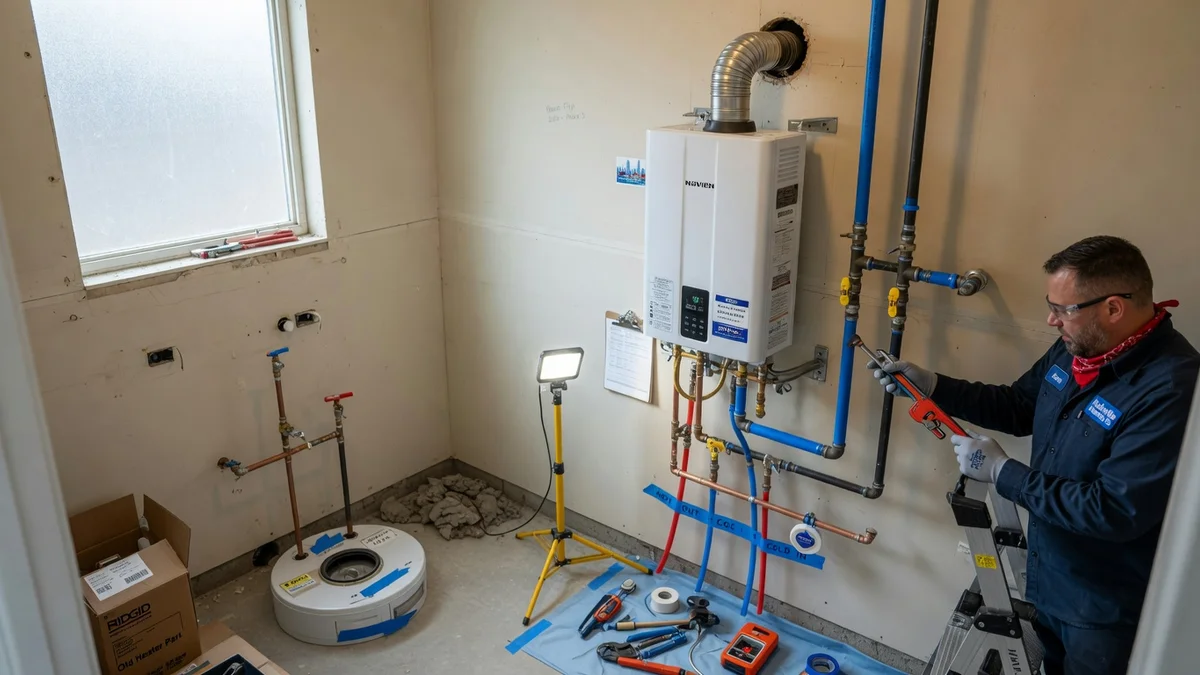 Professional plumber installing a new tankless water heater in a Nashville investment property utility room