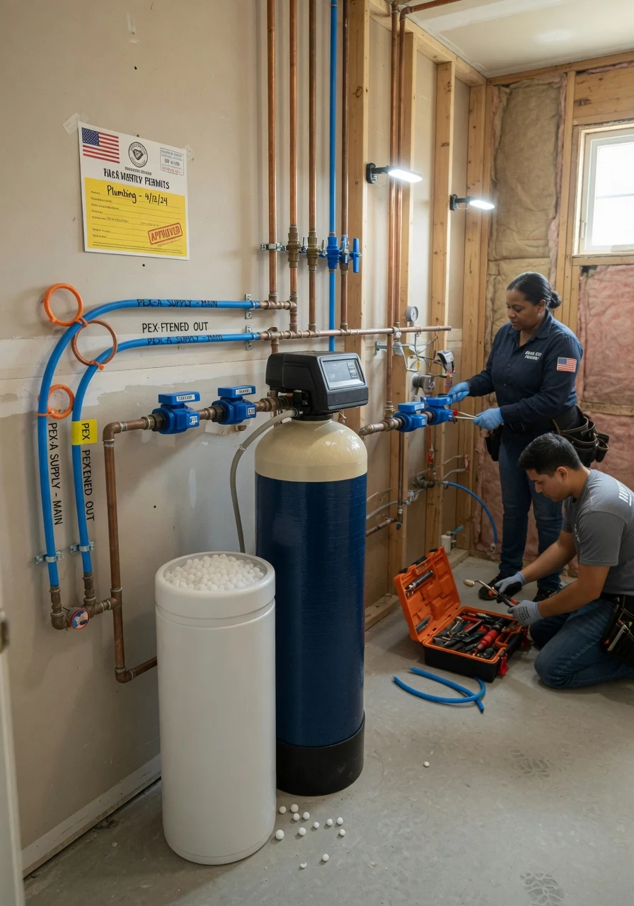 Whole-house water filter and softener installed near water heater in a Nashville flip utility room