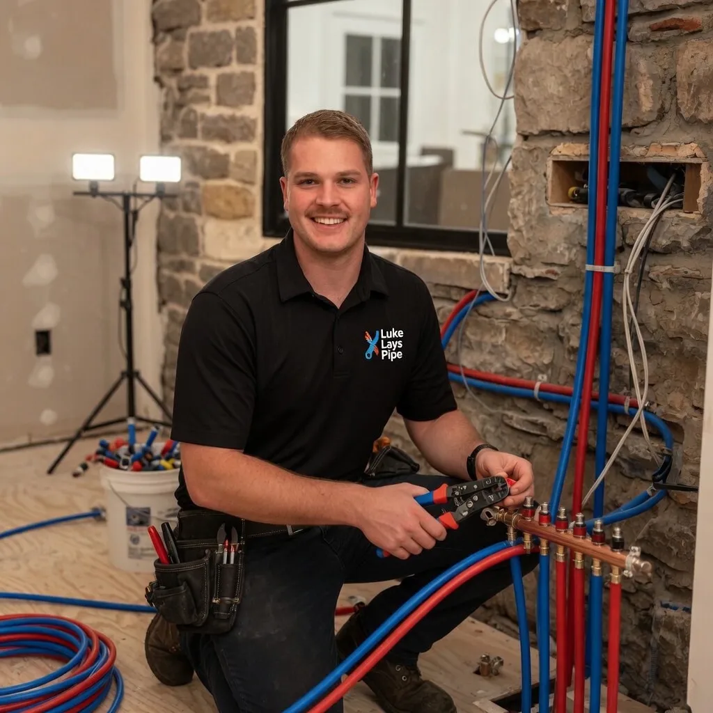 Professional plumber installing PEX piping in a Nashville house flip renovation, photorealistic professional photography shot on Canon EOS R5, 35mm lens at f/5.6, natural daylight mixed with soft LED work lights, warm neutral tones with copper and blue accents, clean organized job site in active Nashville house flip renovation, sharp focus on quality plumbing work, documentary style, no clutter, realistic details